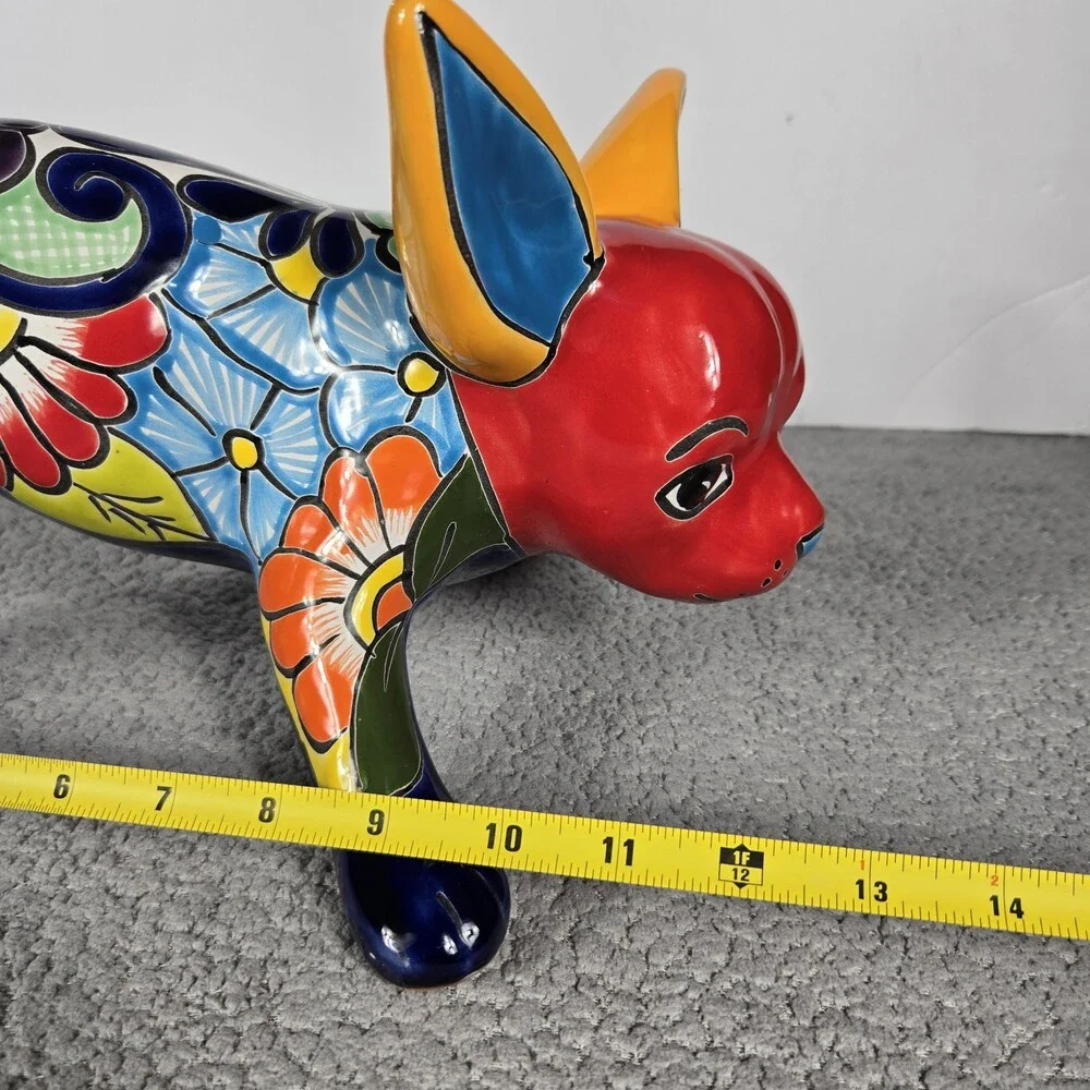 Talavera Peeing Chihuahua Mexican Pottery Art Hand Painted 8 x 9 X 12 In